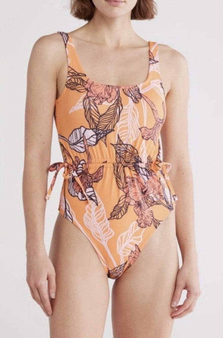 NWT Hutch Size Large Mendes One-Piece Swimsuit Coral Orange Floral Square Neck